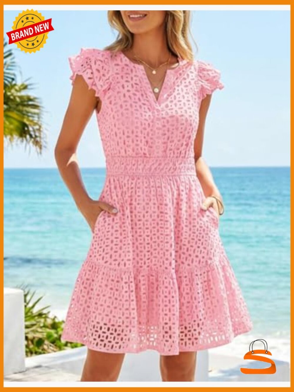Women's Flutter Short Sleeve Mini Dress V Neck Eyelet A Line Swing Beach - Picture 3 of 7